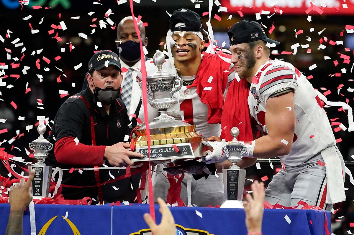 Buckeyes at the 2021 Sugar Bowl with their trophy
