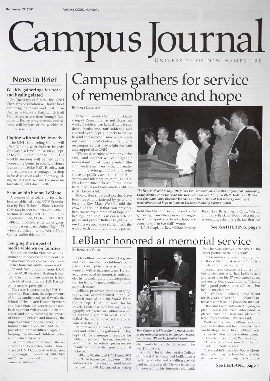 cover of the Campus Journal from September 28, 2001