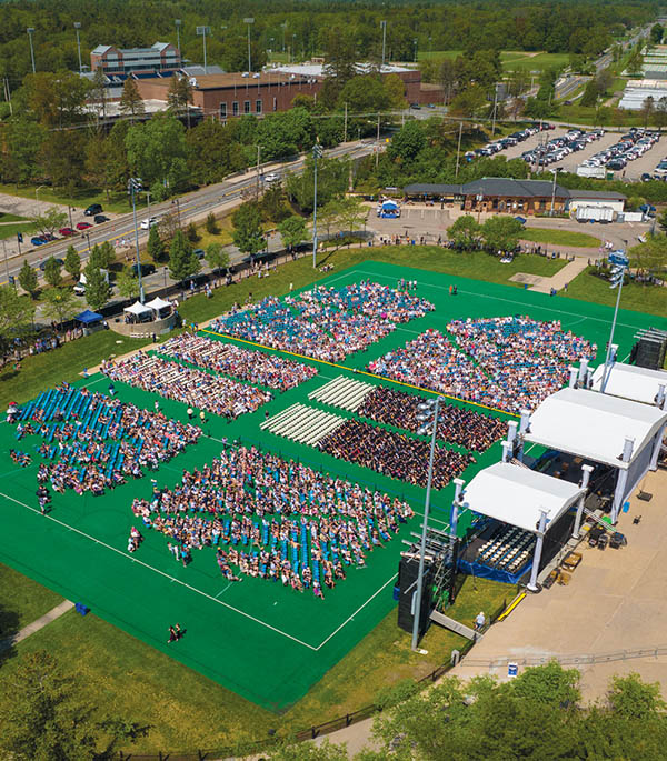 Aerial shot of UNH commencement at Memorial Field