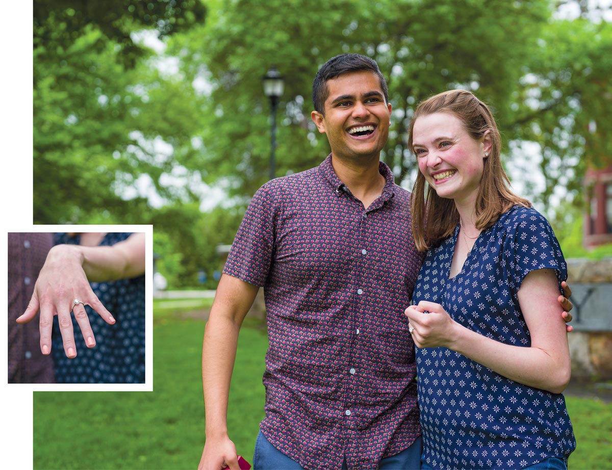 Maureen O’Brien ’16 ’17G and her boyfriend Sumer Panesar ’16  pose after getting engaged