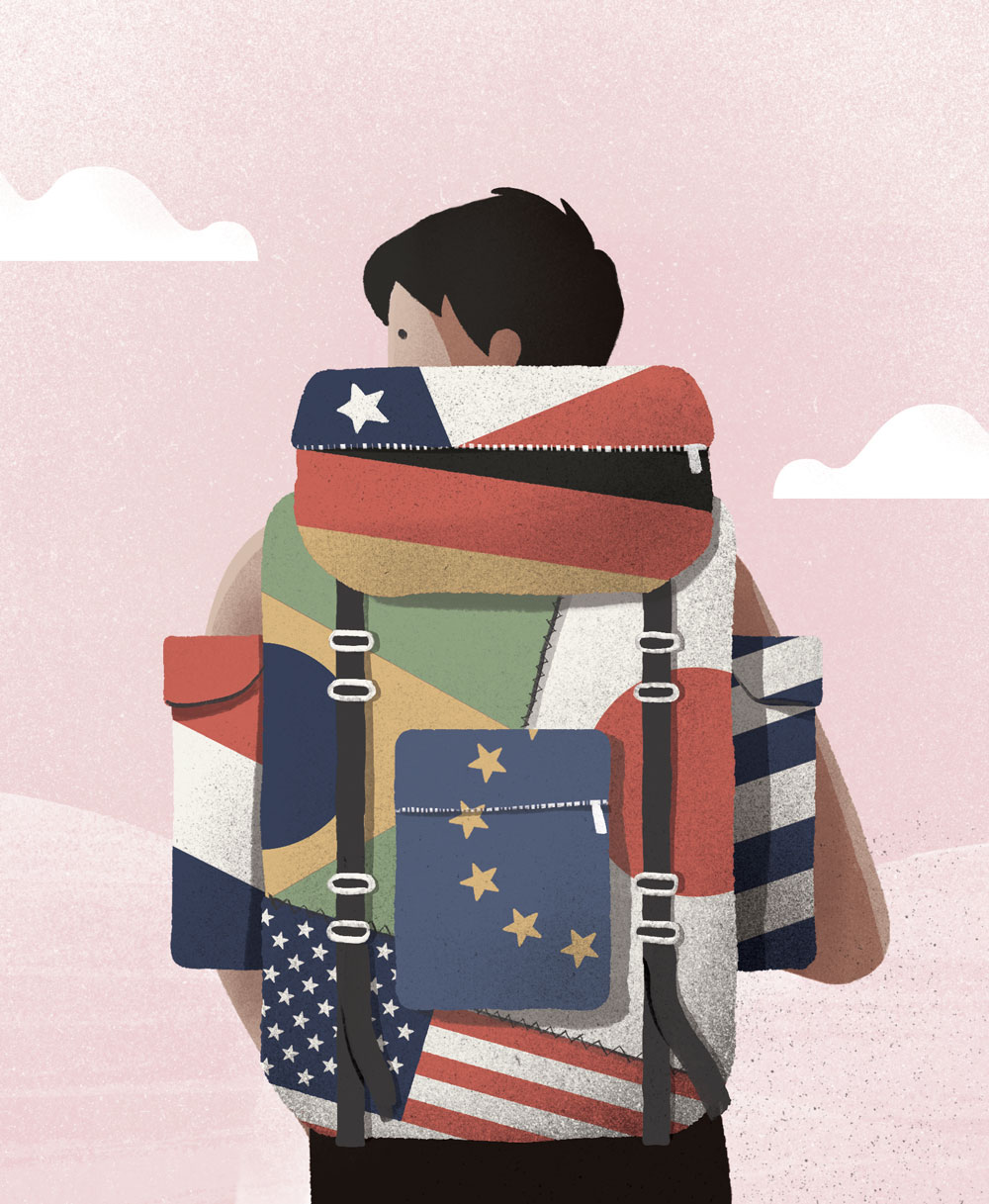 digital illustration of a student with a backpack made up of different countries flags