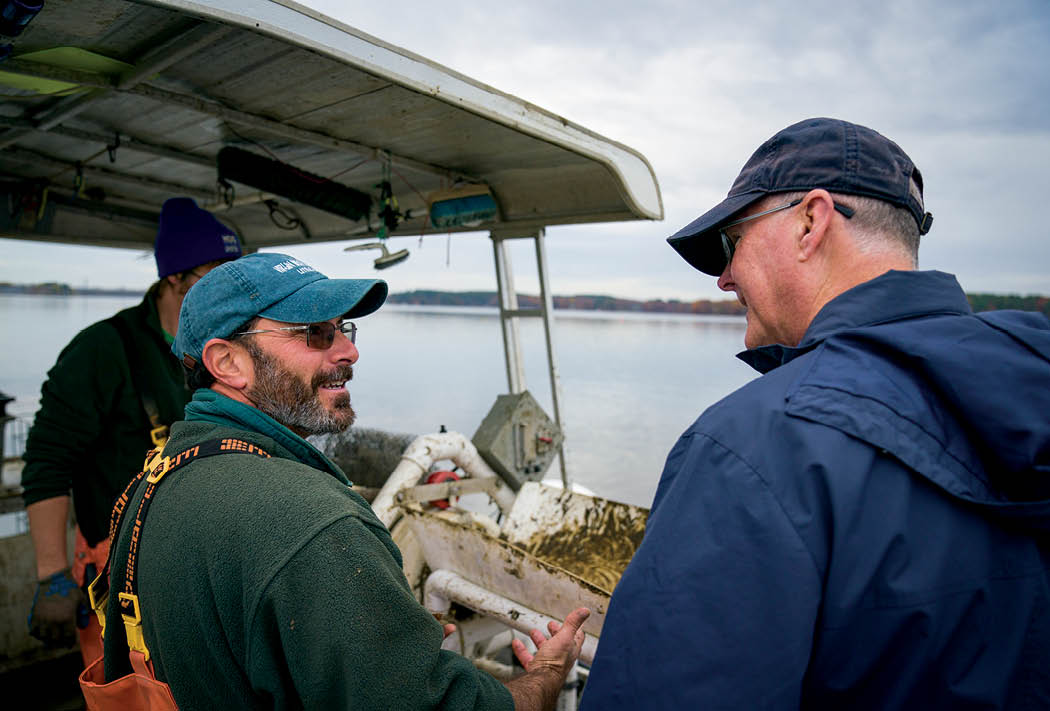Brian Gennaco, who started the Virgin Oyster Co. nine years ago, talks with President Dean about the challenges that oyster farmers are overcoming with the help of UNH Sea Grant research and expertise.