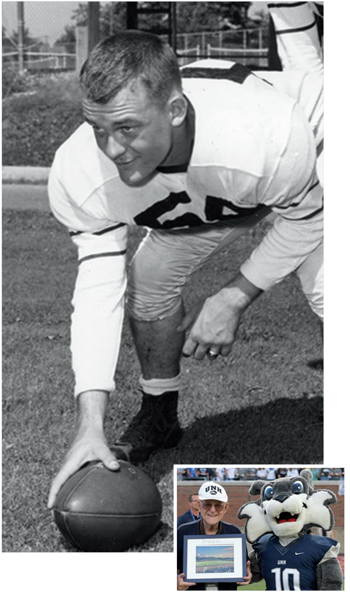 A two image collage structure (left and right side) in which the tallest, portrait (left side) black and white photograph shows Norris Browne '55 in a downward crouched position getting ready to hike the football as a center for the UNH team and the shorter, smaller (right side) landscape photograph shows Norris Browne in Sept. 2021 being honored as Donor of the Game for his steadfast support of both athletics and academics at his alma mater smiling and posing for a picture with a picture frame in his hands next to the UNH football team mascot