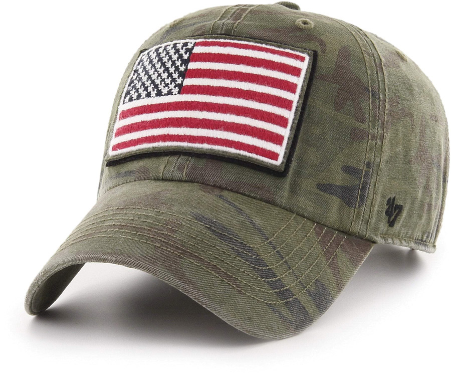 camouflage hat with a curved bill and an American Flag on the front