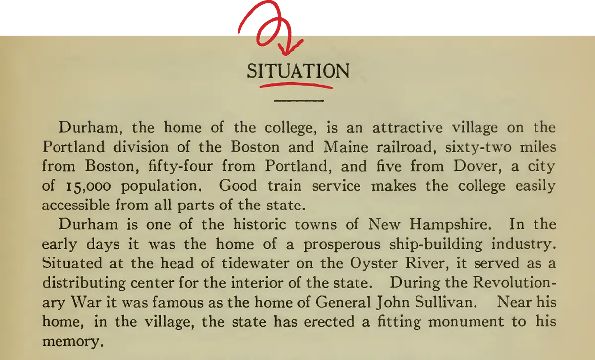 Old paper describing campus and surrounding area