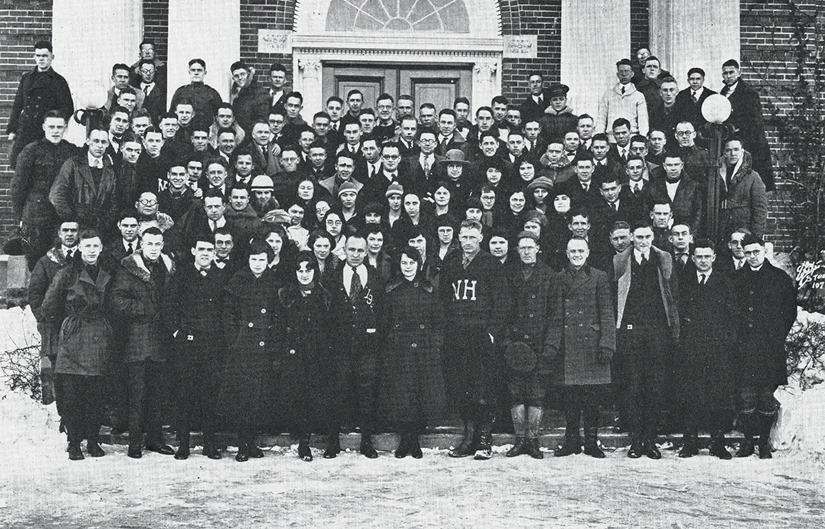 Class of 1923 gathered on front steps in winter