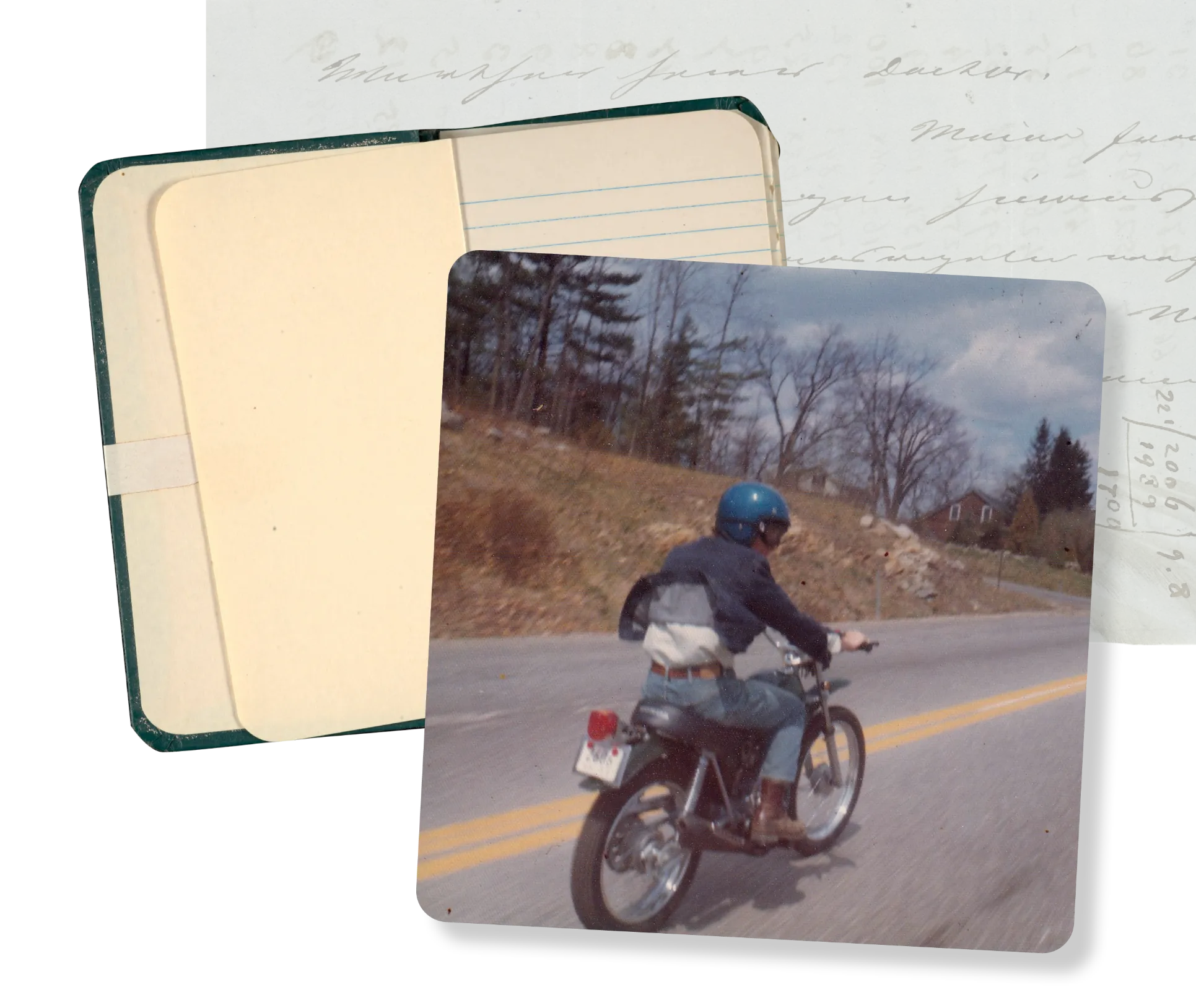 Paul Damiane riding his motorcycle with notebook and paper collage