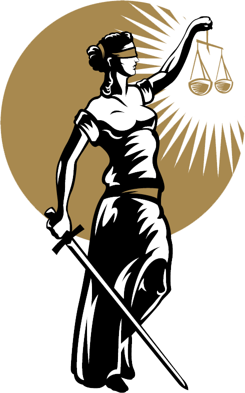 black and taupe illustration of Lady Justice