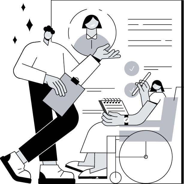 black, white, and gray illustration of man with clipboard talking to a woman in a wheelchair with a notebook in her hand 
