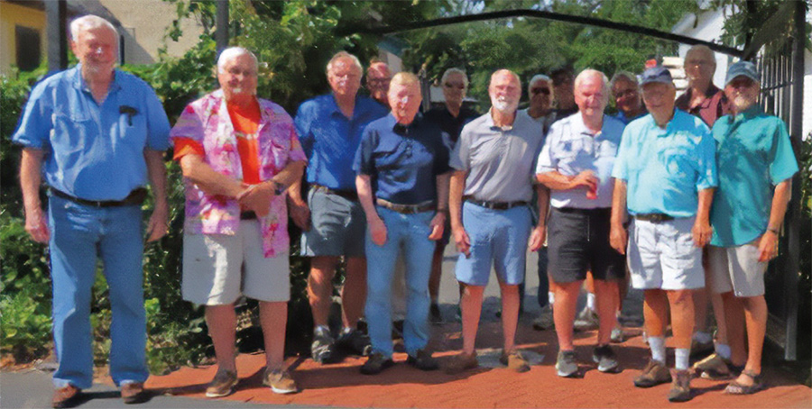 Phi Mu Delta members gathered recently at the Holy Grail: front row, left to right: John Bell ’69, Merrill Lewis ’67, Jack Stark ’69, Tom Mollitor ’68, Rick Thissell ’69 ’75G, Don Tyler ’70, Dick Pastor ’68 ’73G and Norm Ouellette ’69; back row, left to right: John Safford ’70, Steve Capistran ’69, Greg Waugh ’69, Will Brunkhorst ’71, Bob Hasevlat ’70 and Howie Pearce ’68.
