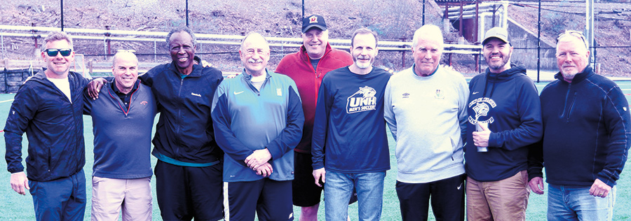 In attendance at the men’s soccer alumni game are (from left): Kevin Iarusso ’05, Knute Klefos ’80, Patrick Uden ’80, Ken Kincaid ’76, Ed Ulmer ’87, Jim Druding ’89, Tom Johnson ’76, Steve Bracy ’86 and Mike Daly ’84.