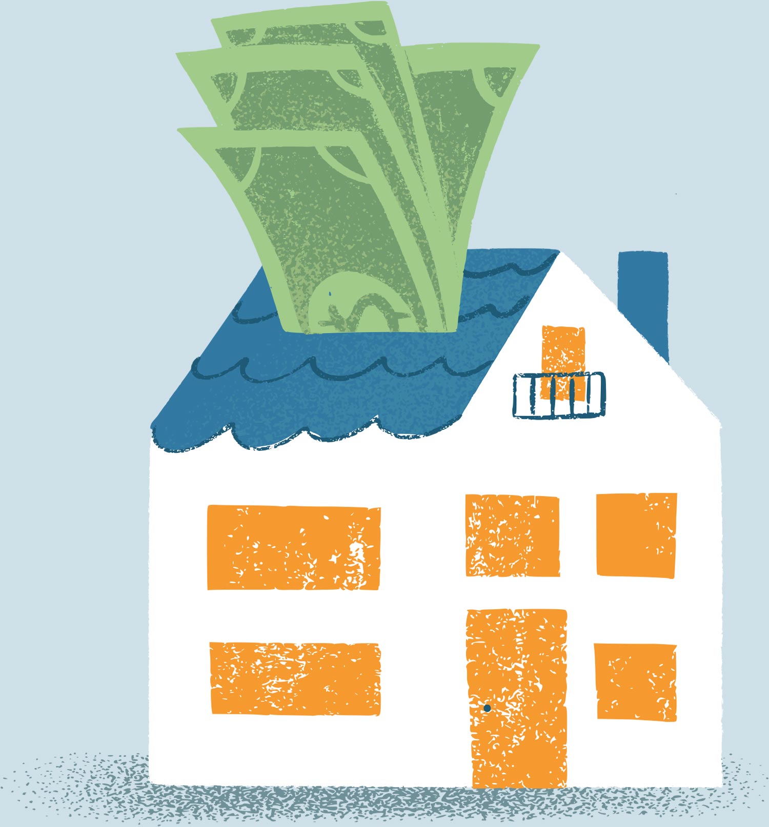 sketch-like illustration of a house with dollar bills sticking out of the roof