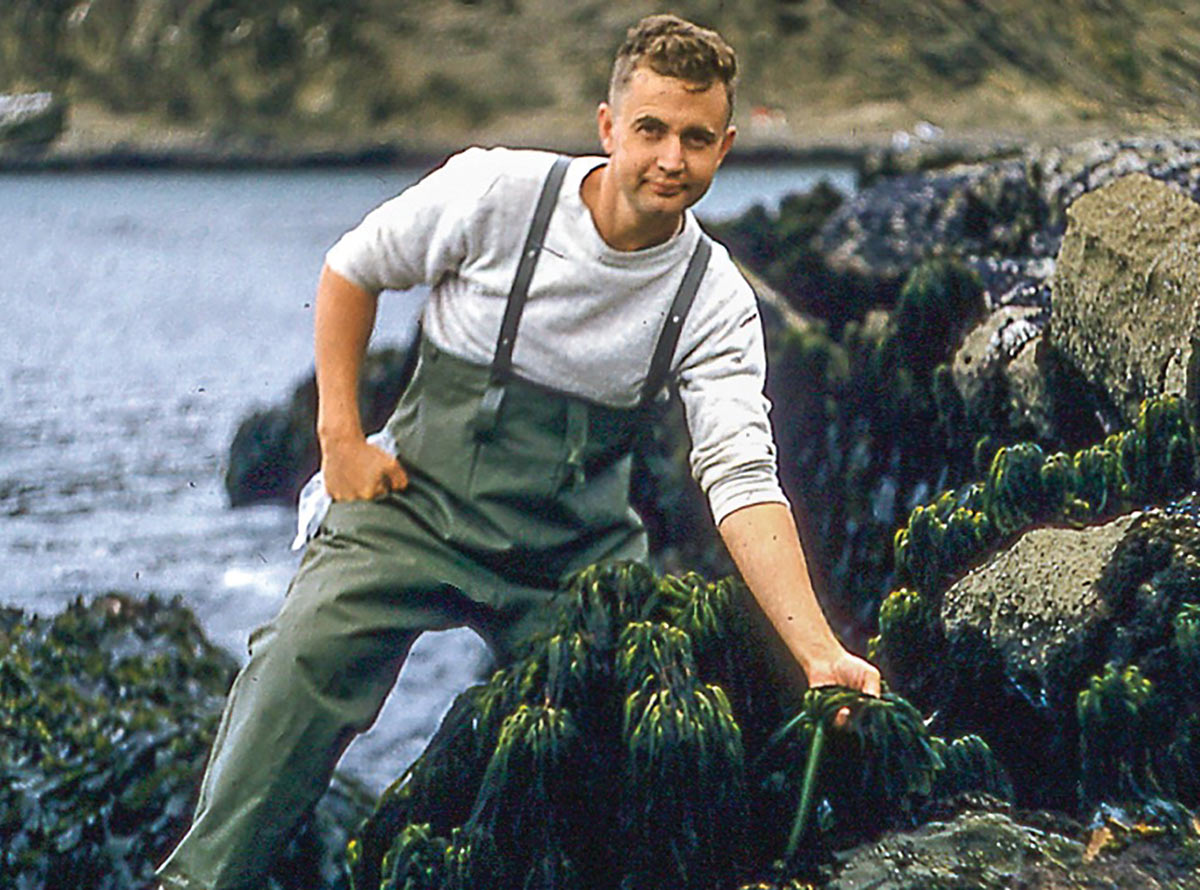 John in a white sweatshirt and green overalls, on a rocky coast looking at seaweed