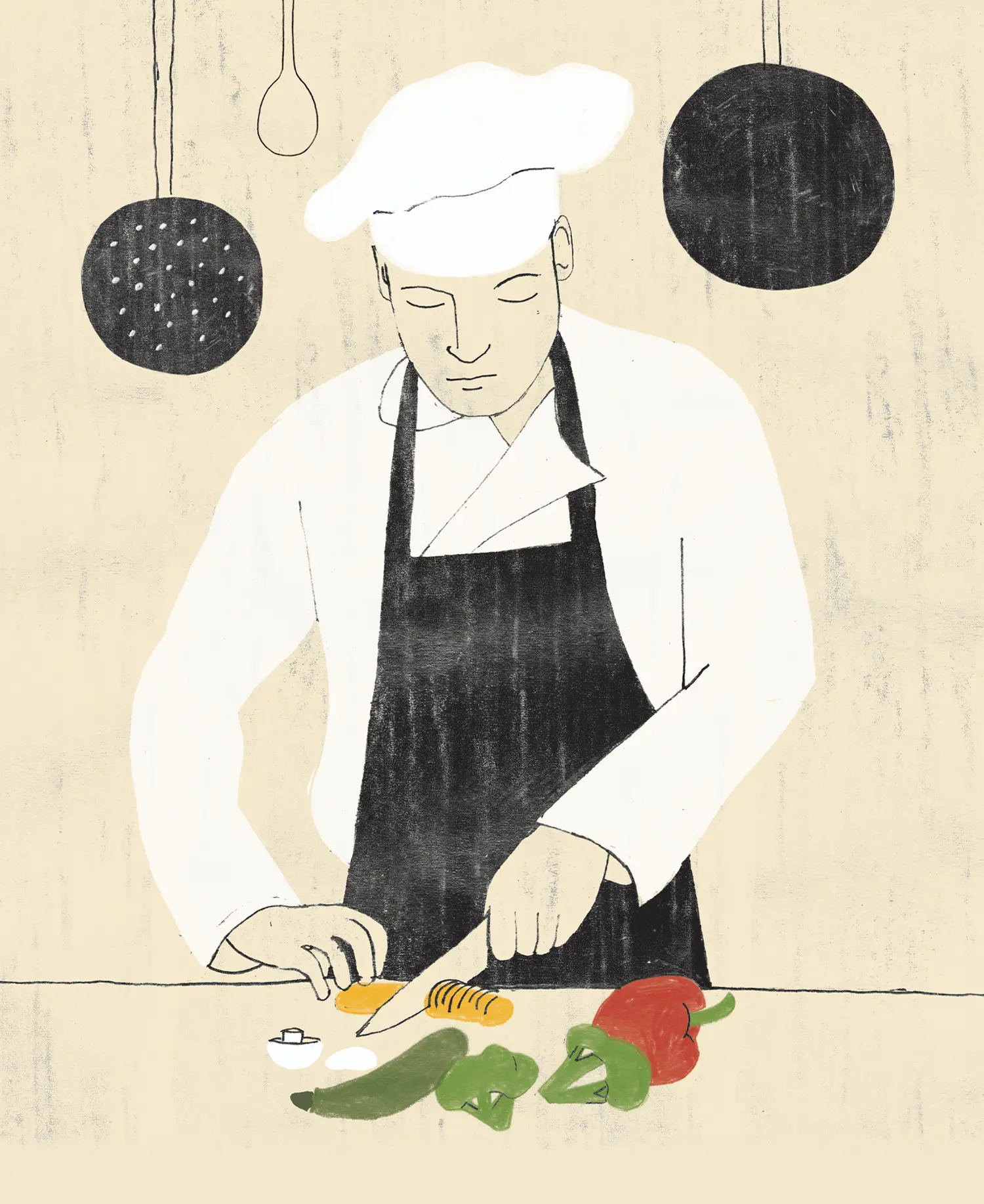 a low detail, soft pastel illustration of a chef wearing a white toque and coat and a black apron while cutting vegetables