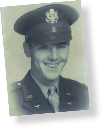 Vintage black-and-white portrait of a smiling young man in a U.S. military uniform and cap.