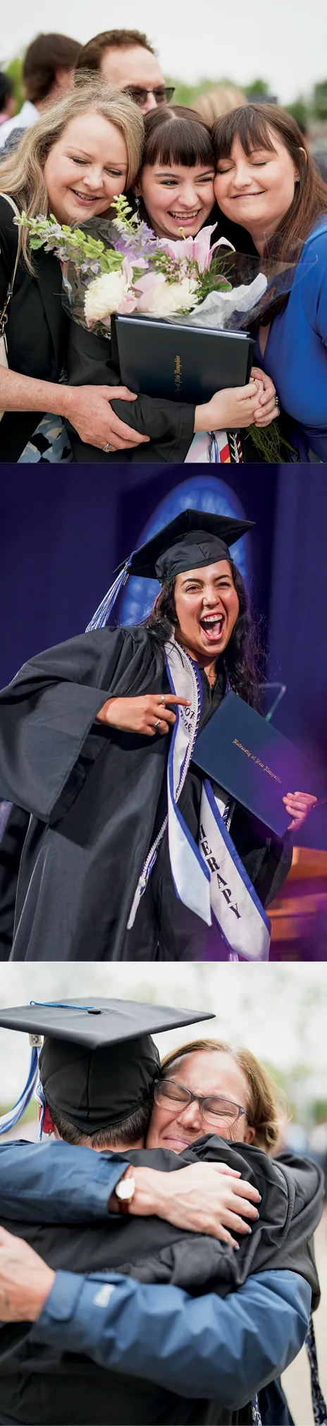 Collage of graduation moments: student celebrating with family while holding flowers, graduate smiling on stage with diploma, and another graduate hugging someone tightly in an emotional embrace.
