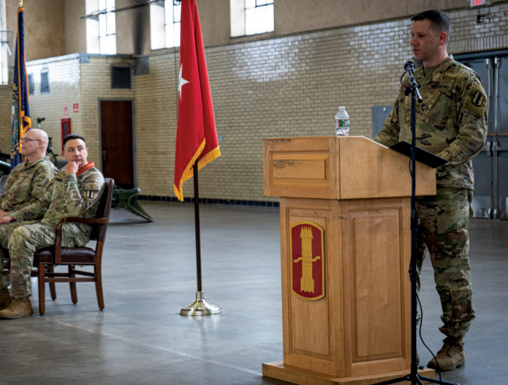 Col. Jeff Samon ’00 provides remarks during the 197th Field Artillery Brigade (N.H. Army National Guard) change of command ceremony