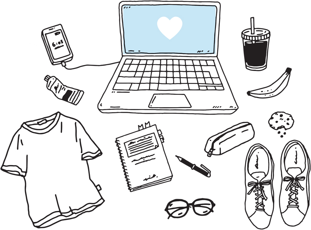 A simple black and white line drawing of various items arranged on a surface. The items include a laptop with a blue screen and white heart, a smartphone, a drink, a banana, a cookie, a t-shirt, a notebook, a pen, a pencil case, eyeglasses, and a pair of shoes.