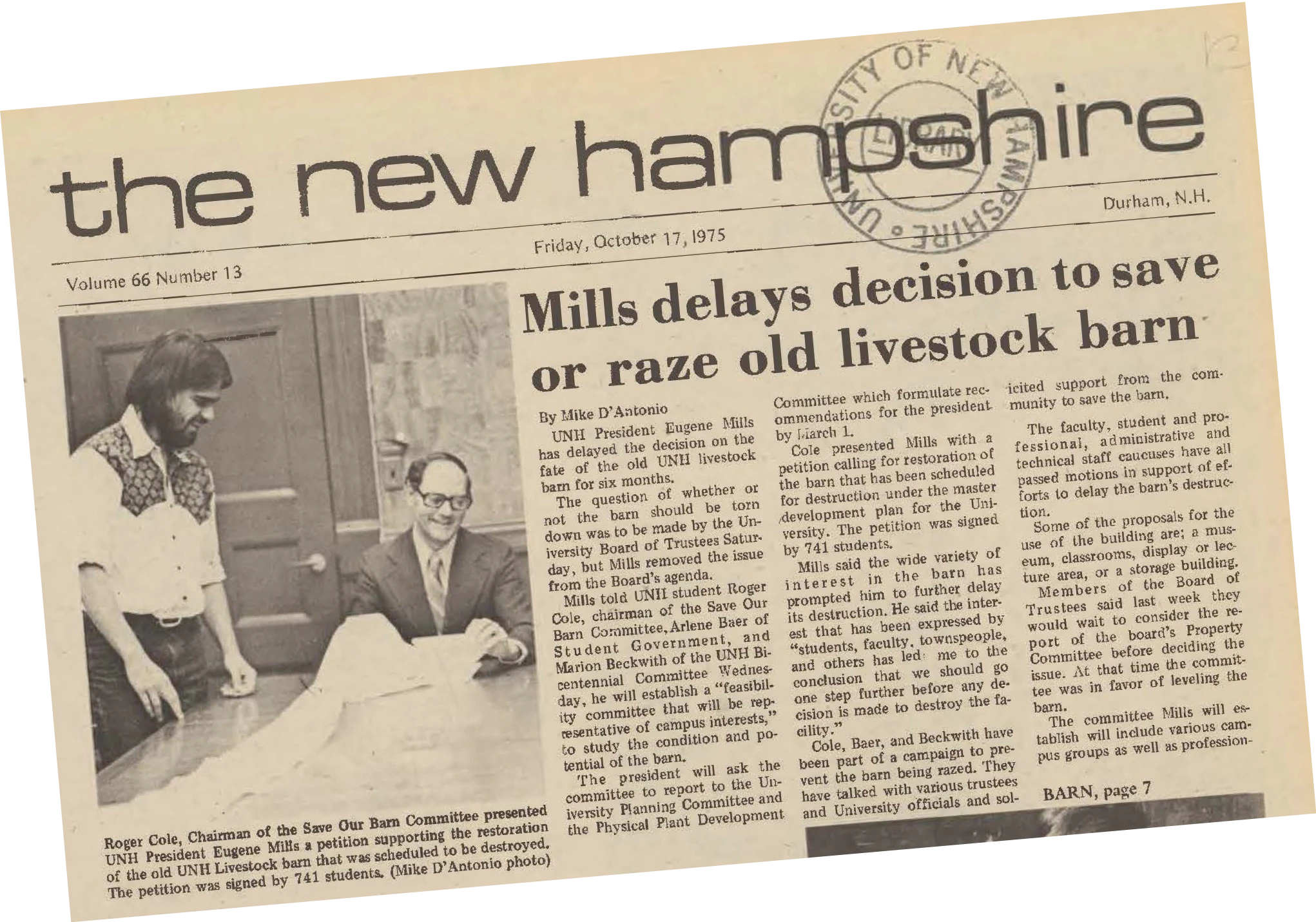 1975 University of New Hampshire newspaper front page with headline about delaying a decision on an old livestock barn.