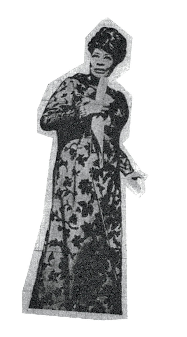 Black-and-white cutout image of a woman wearing a patterned dress and headwrap, posed with one hand near her chest.