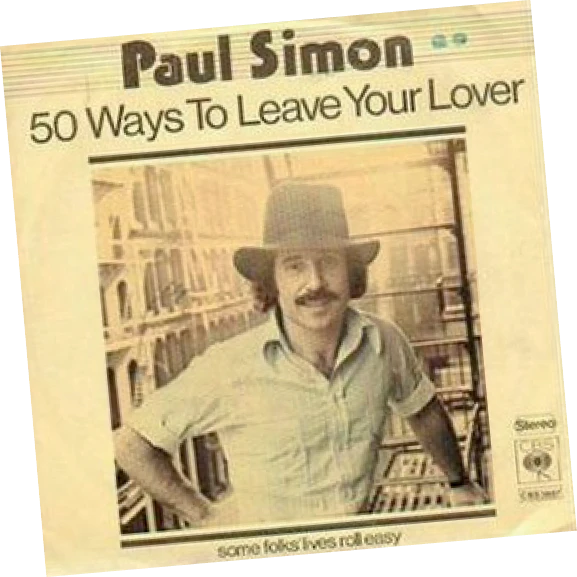 Album cover for Paul Simon’s “50 Ways to Leave Your Lover,” featuring the artist standing in a recording studio.