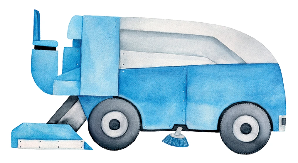 Watercolor illustration of a blue ice resurfacing machine with front blade and rotating brush, shown in profile against a white background.