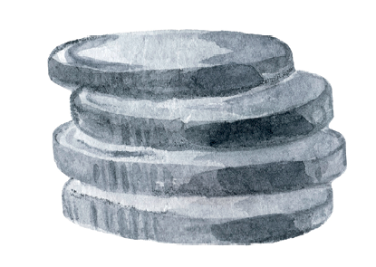 Watercolor illustration of a small stack of gray coins viewed from the side.