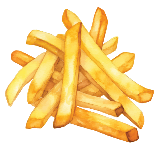 Watercolor illustration of a pile of golden French fries on a white background.