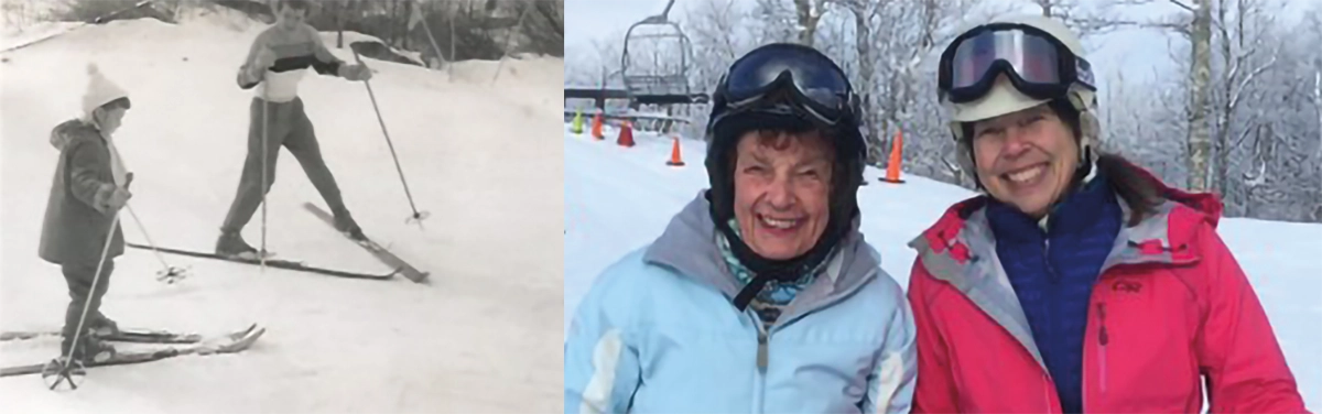 Side by side images featuring a grainy vintage black-and-white photograph of Joan Boodey Lamson ’49 teaching daughter Cindy Lamson Siegler ’73 to ski on Northland long, long skis; The other image on the right side is showing Joan Boodey Lamson ’49 with daughter Cindy Lamson Siegler ’73 skiing on Joan’s 90th birthday