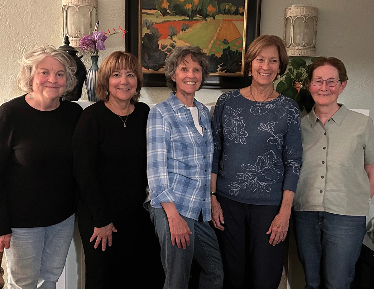 A UNH ’73 reunion in Denver at the home of Leslie Crommet Newell: Pictured from left, Patty Quinlan, Deb Campanella-Hansch, Liz Varney Newman, Leslie, Debby Stavseth all smiling standing next to each to other