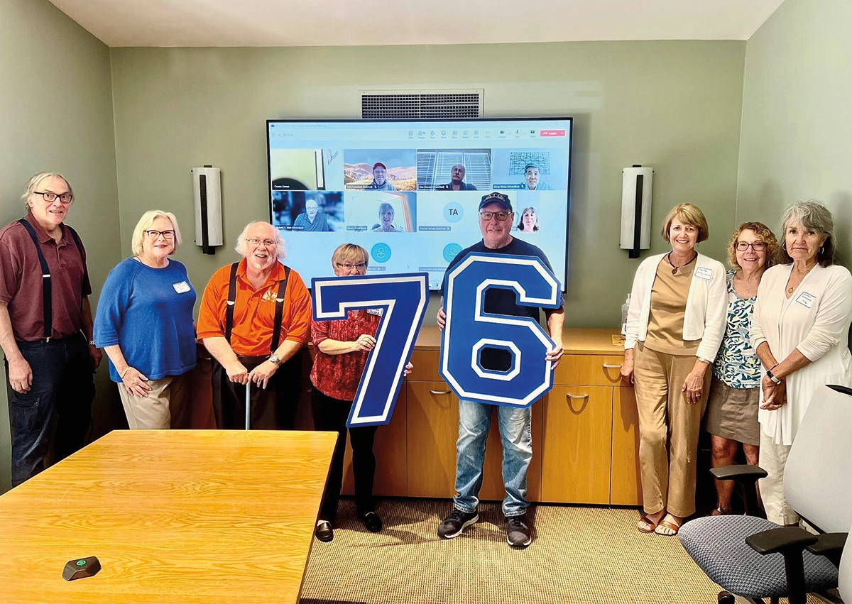 Class of 1976 & ’70s Friends Reunion Committee hard at work; In person left to right: Richard Morgan, Susan DuRie Pepin, Garry Haworth, Nancy Osborne Pender, Gary Girolimon, Martha Foley Jackson, Judy Eldredge Mills ‘78 and Susan Scannell; Online: Larry Meacham, Ken Kincaid, Doug Wong, Rich Mori, Nancy Hendrickson, Tom Arnold and Sheila Heath