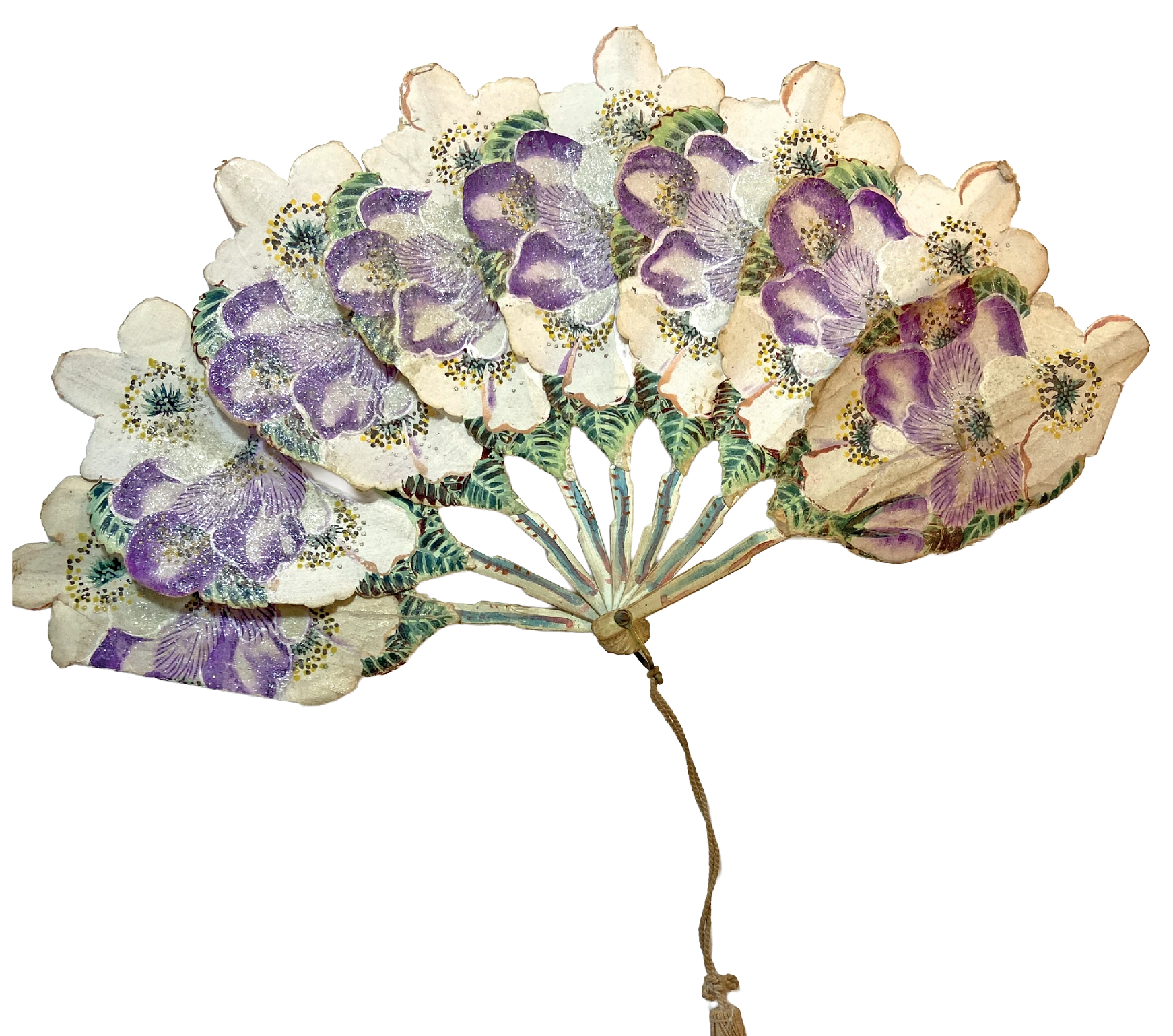 Decorative hand fan with scalloped edges painted with purple and white flowers and green leaves, displayed against a black background.