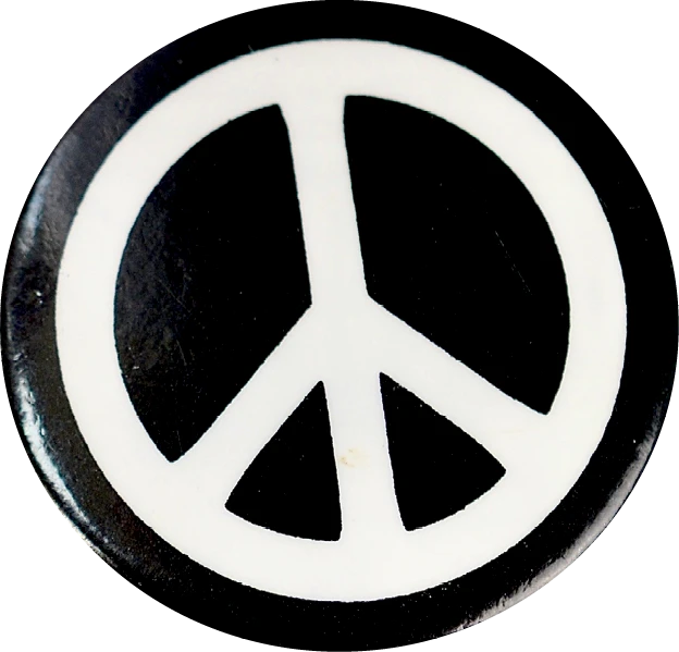 Black circular button featuring a white peace symbol centered on a dark background.