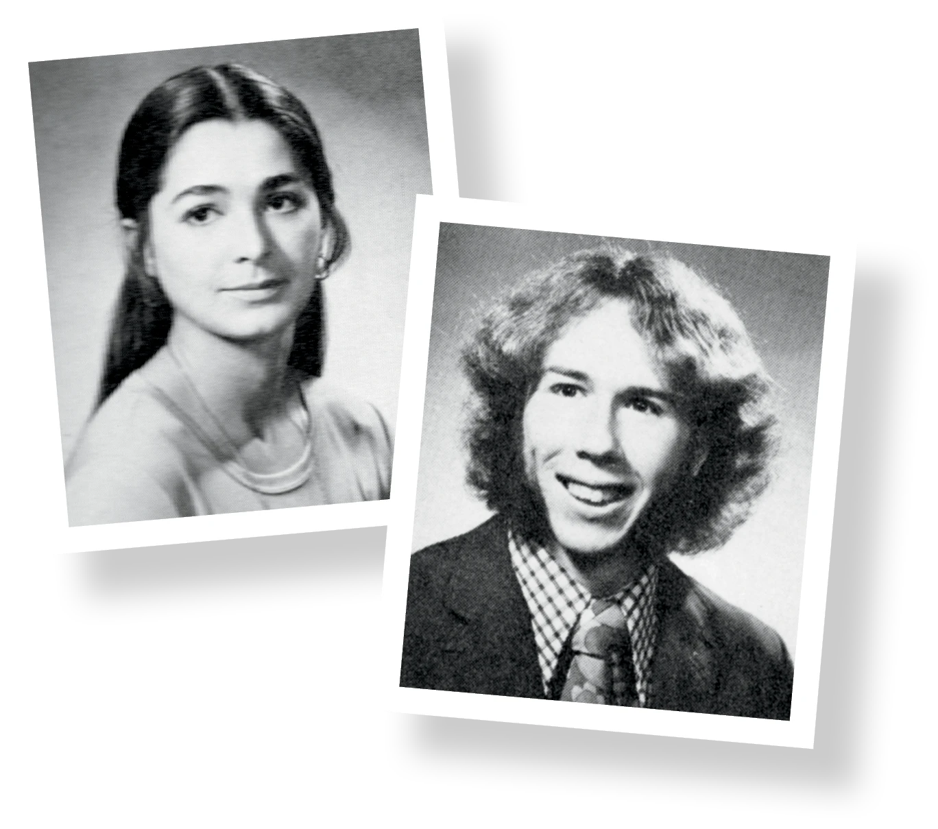 Two black-and-white yearbook portraits from the 1970s, one of a young woman with long straight hair and one of a young man with curly hair wearing a suit and patterned tie.