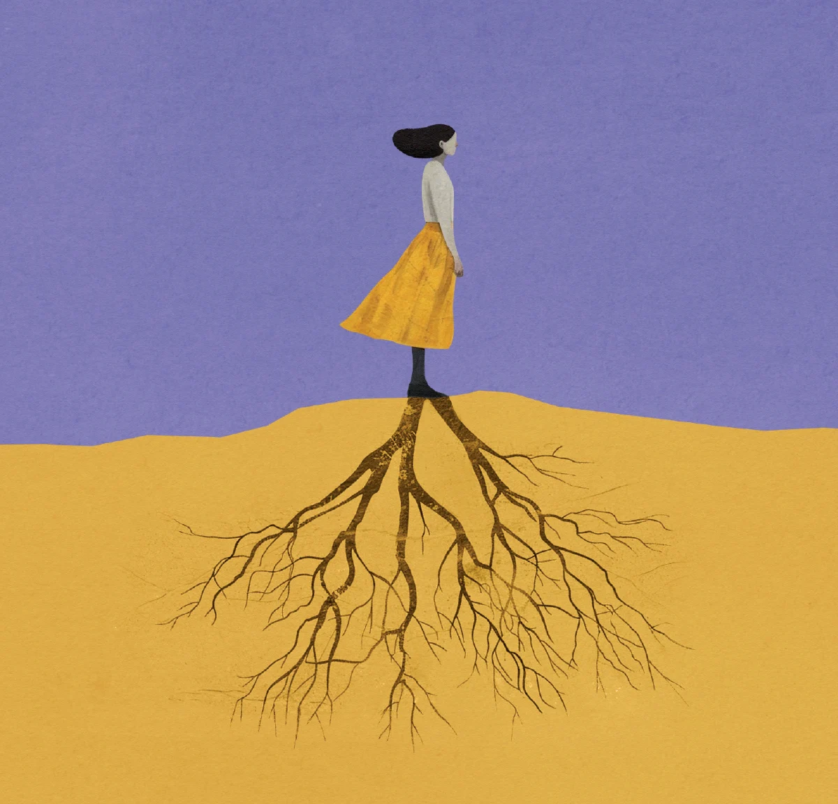 A conceptual digital illustration of a woman in a yellow skirt standing on a hill with a deep root system extending into the ground, symbolizing personal growth and foundational strength.