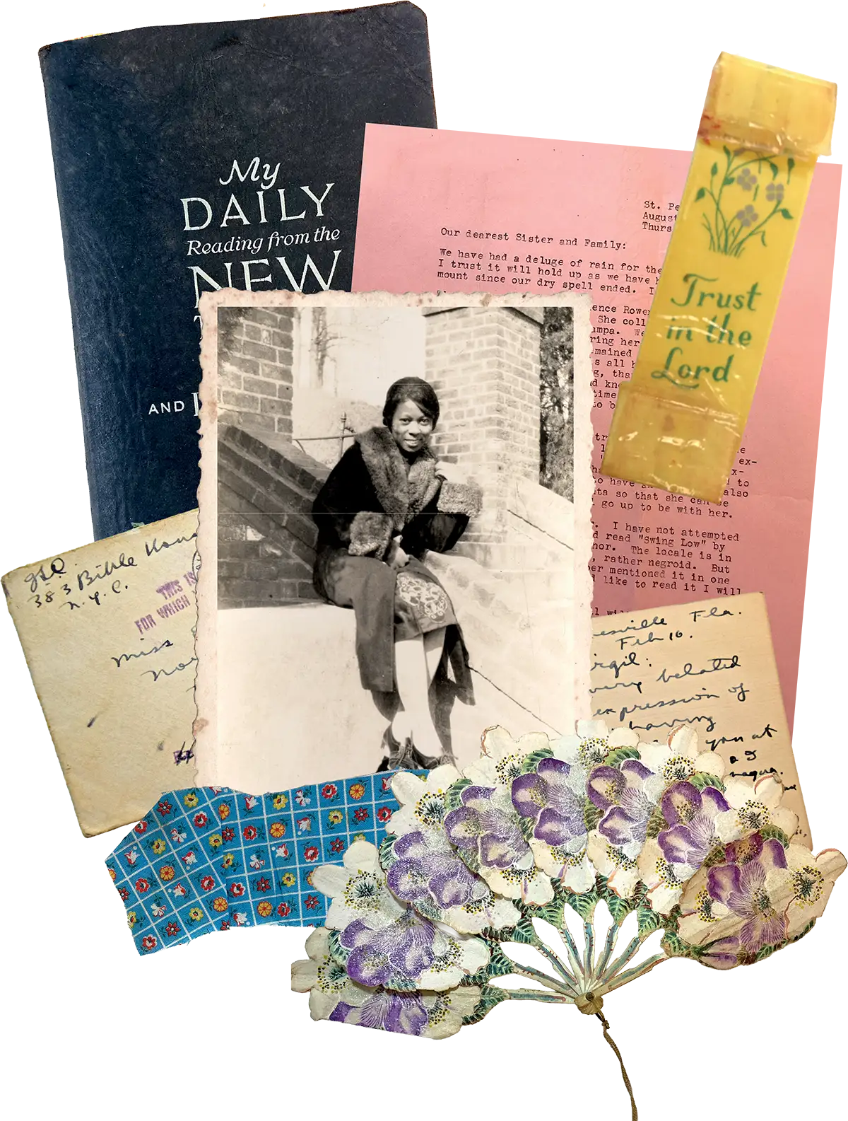 A collage of personal items: a black book titled "My Daily Reading," a vintage photo of a seated woman, a pink letter, a floral fan, and a yellow "Trust in the Lord" bookmark.