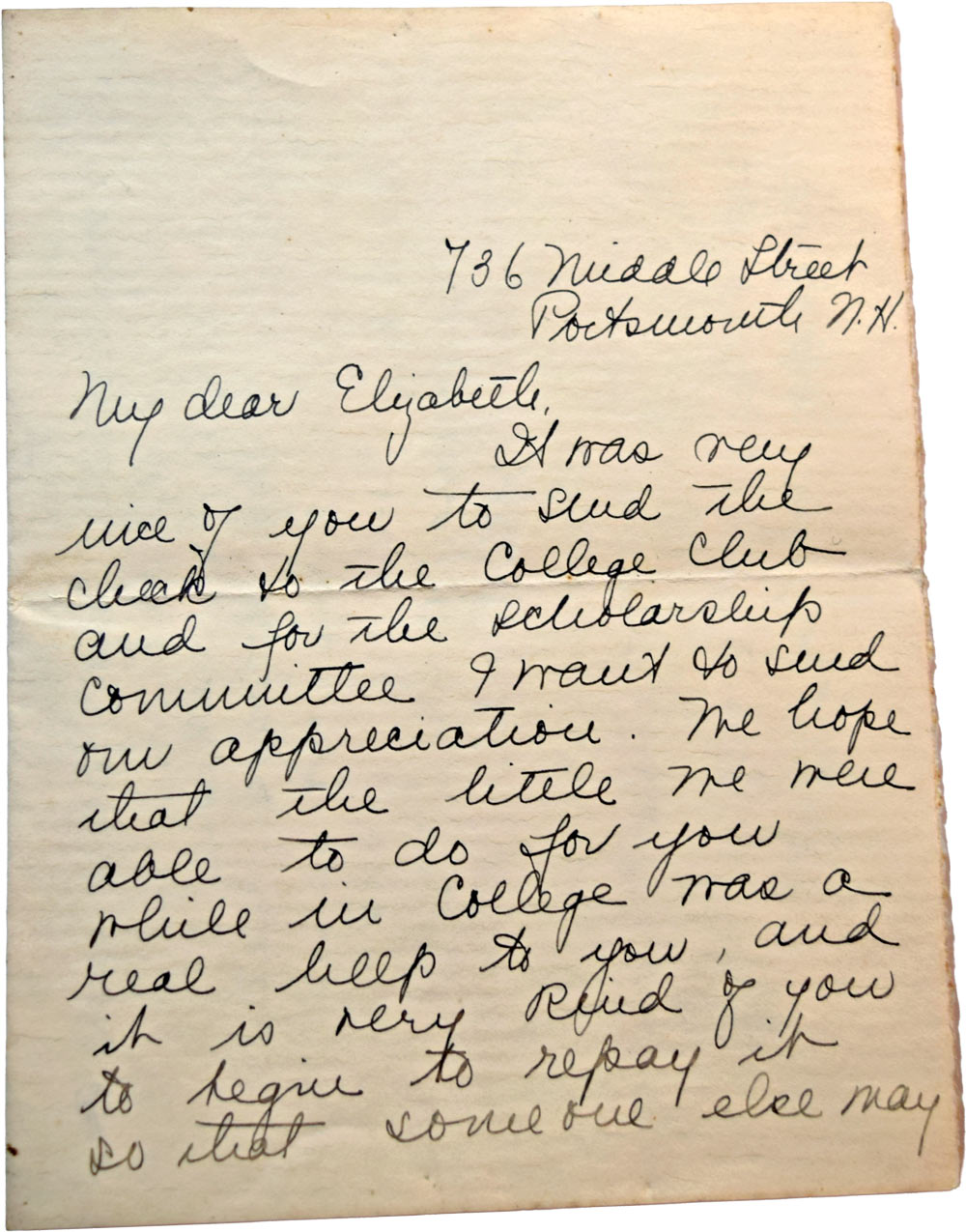 A handwritten letter on aged paper from Portsmouth, NH, addressed to "My dear Elizabeth." The cursive text expresses appreciation for a scholarship committee contribution.