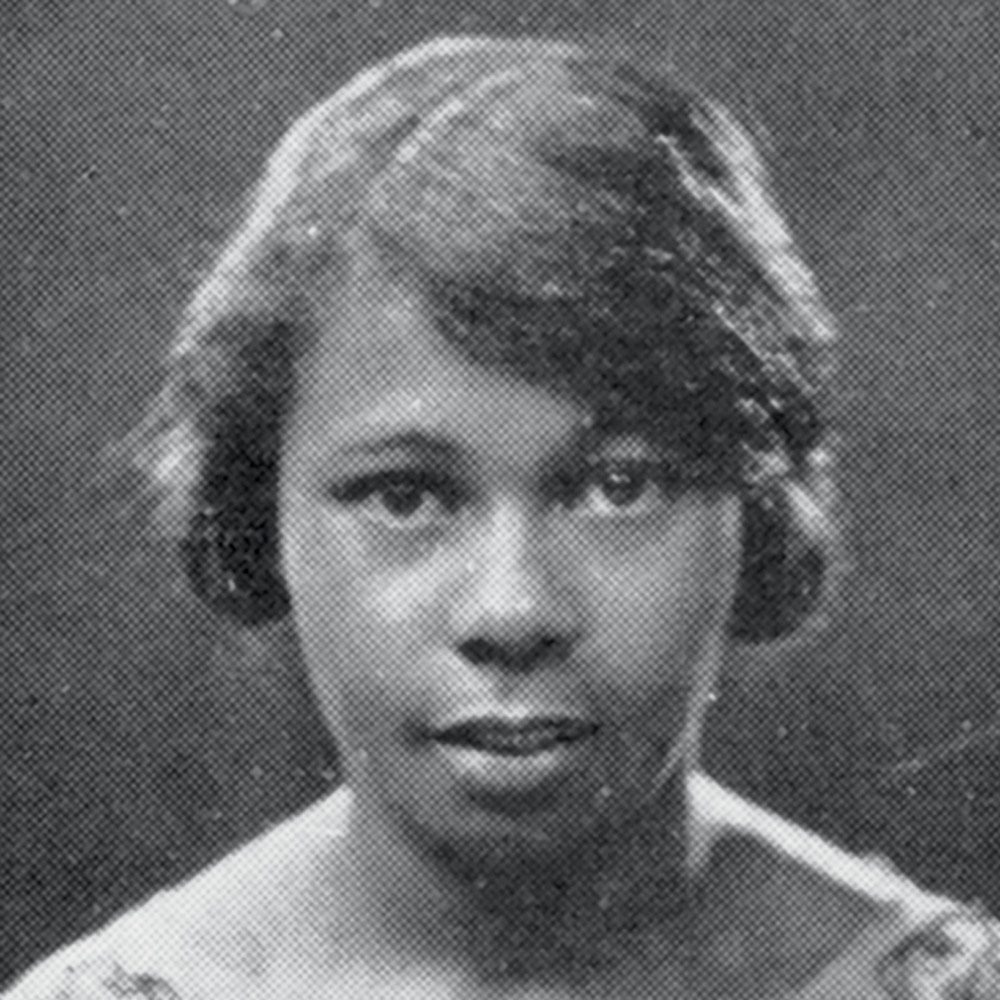 A grainy, black-and-white portrait of Elizabeth Ann Virgil with a short, waved hairstyle, looking directly at the camera with a soft, neutral expression.