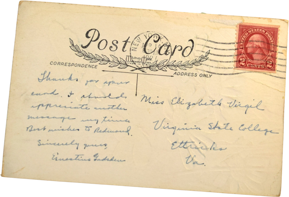 The back of a vintage postcard addressed to Miss Elizabeth Virgil at Virginia State College. It features a handwritten note, a New York postmark, and a red two-cent stamp.