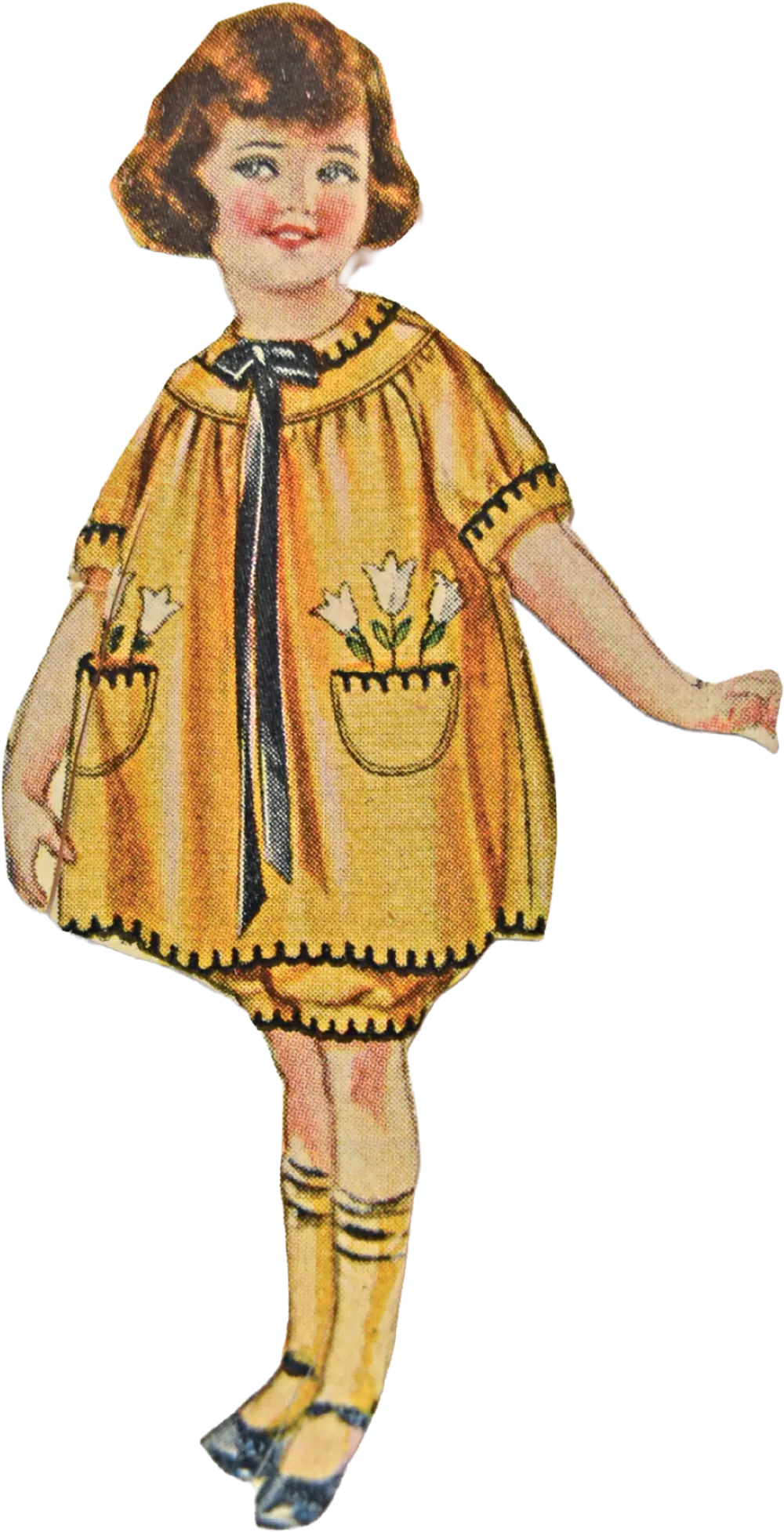 A vintage paper doll illustration of a young girl with reddish-brown hair, wearing a yellow drop-waist dress with white flowers in the pockets and matching yellow socks.