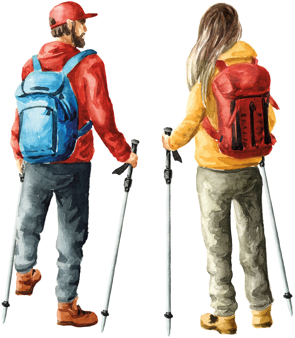 Watercolor illustration of two hikers viewed from behind. A man in a red jacket with a blue backpack and a woman in a yellow jacket with a red backpack both hold trekking poles against a white background.