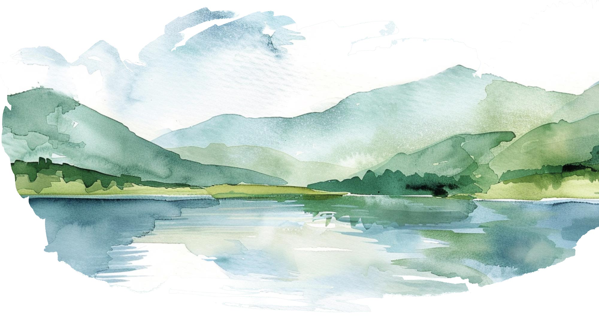 Watercolor illustration of a New Hampshire landscape featuring green and blue hills reflecting on the surface of a calm lake.