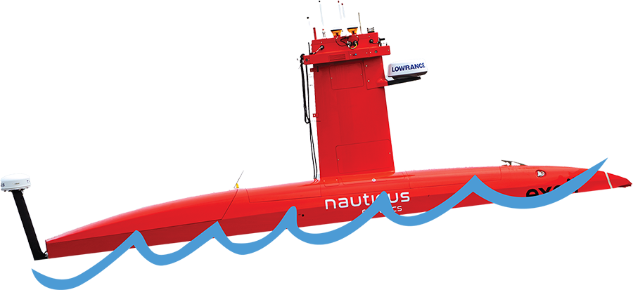 A bright red uncrewed surface vessel featuring Nauticus Robotics and Exail branding