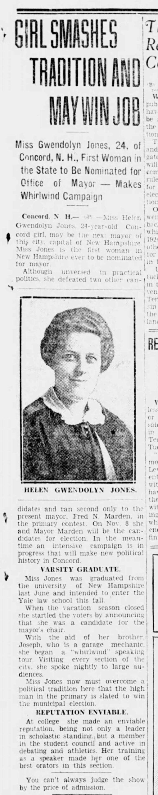 Newspaper article clipping featuring a portrait of Helen Gwendolyn Jones with headlines about her mayoral candidacy.