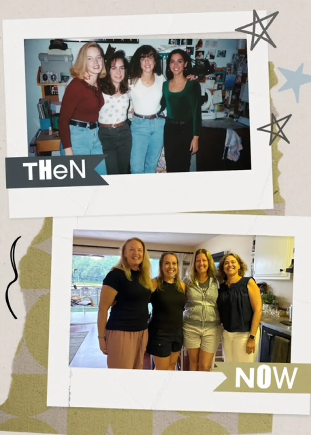 A then-and-now collage shows four UNH friends together as students and reunited years later.